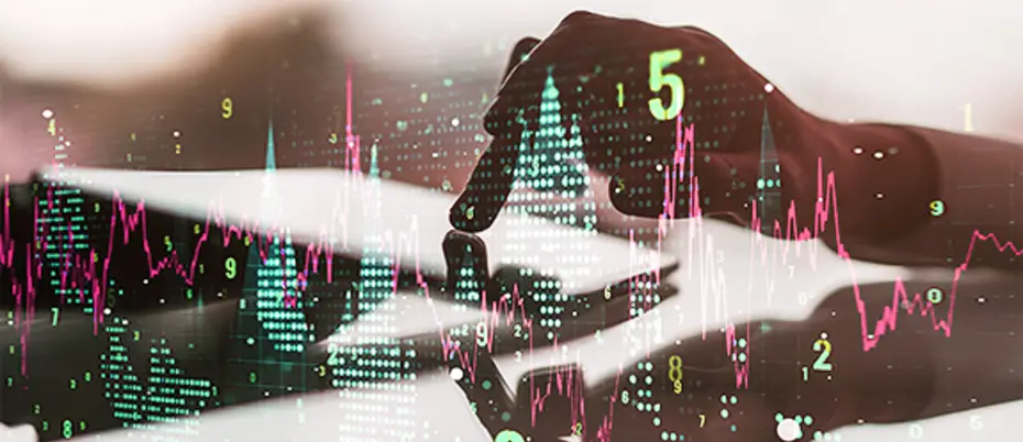 Double exposure of financial chart and numbers with a hand using a tablet