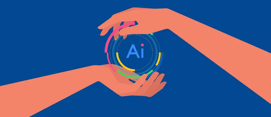 An illustration of hands holding an AI graphic