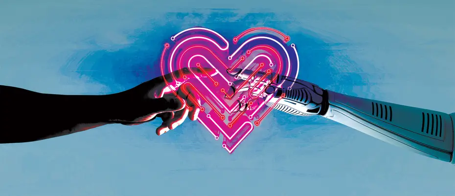 A human hand and a robot hand touch a digital heart made of network lines