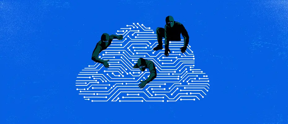 An illustration of a cloud made of circuit board with 3 ninjas climbing on it