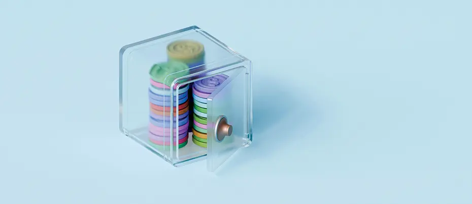 Artificial rainbow coins in a see-through lockbox
