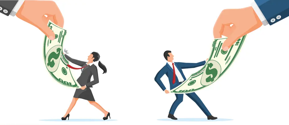 hands grabbing dollars from man and woman