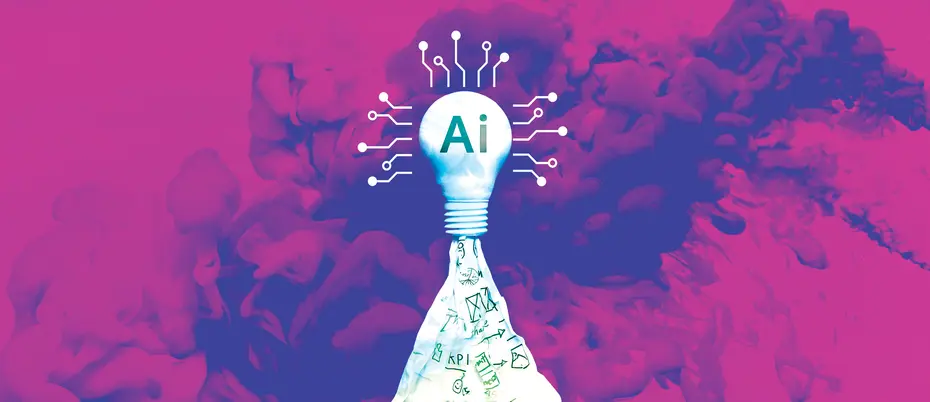 A lightbulb with the words "Ai" in front of abstract, artistic imagery.