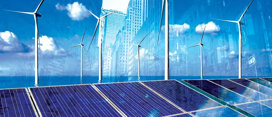 City buildings juxtaposed with solar panels and wind turbines
