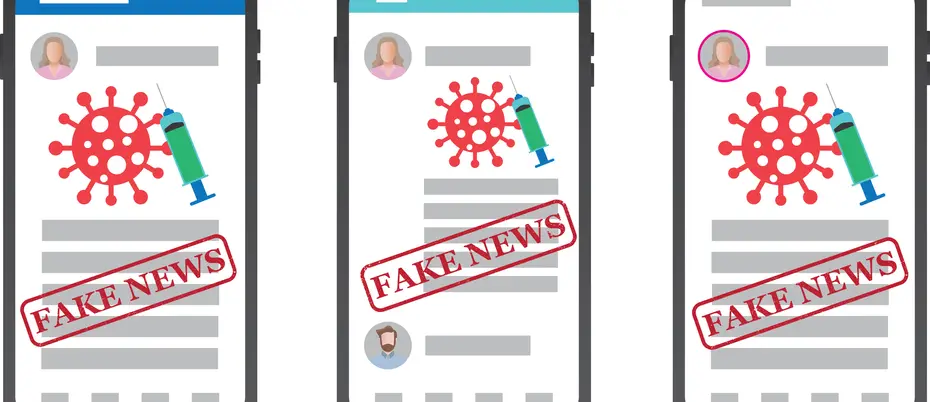 Cell phone with COVID 19 molecule, syringe and Fake News