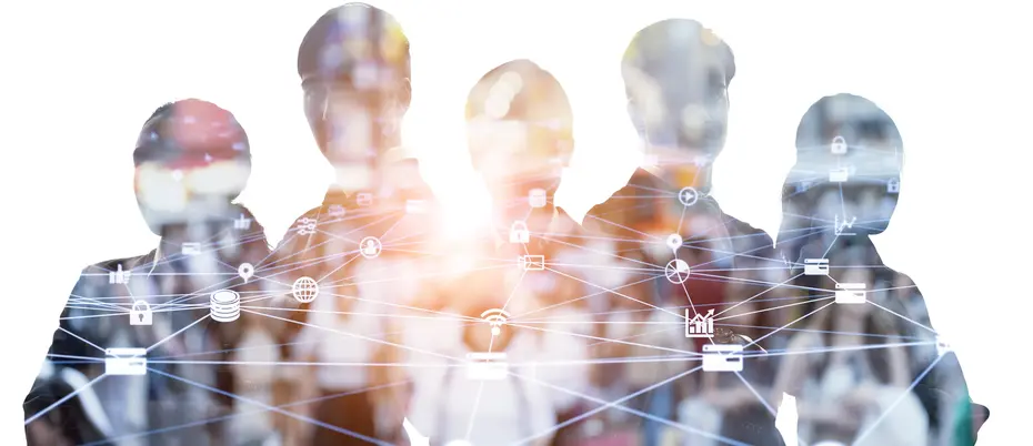 Group of businesspeople with digital graphics overlay