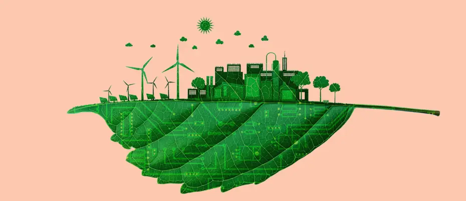 Leaf with city growing on top and windmills