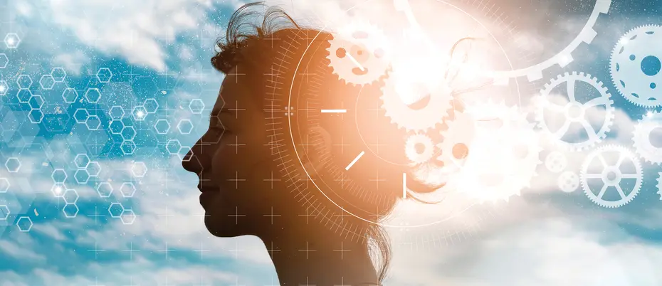 A peron's profile with an overlay of cogwheels and digital graphics