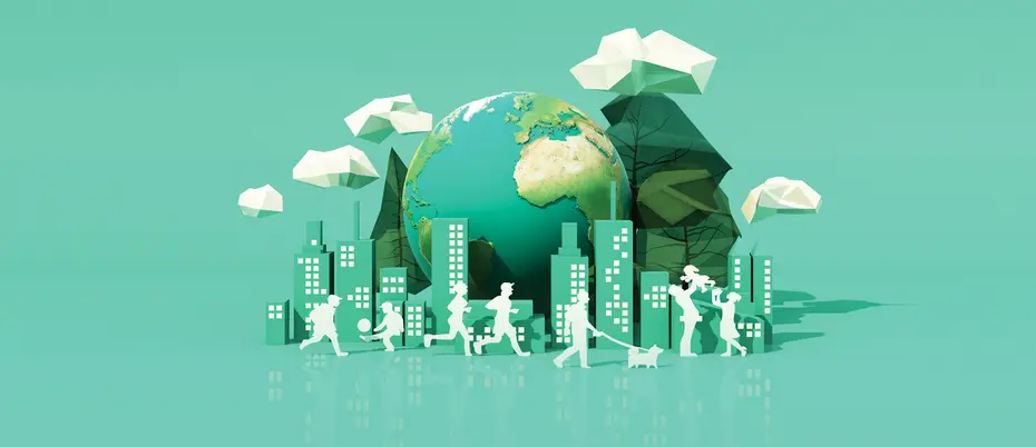 An illustration of the earth surrounded by lush trees, city buidings, and people enjoying themselves