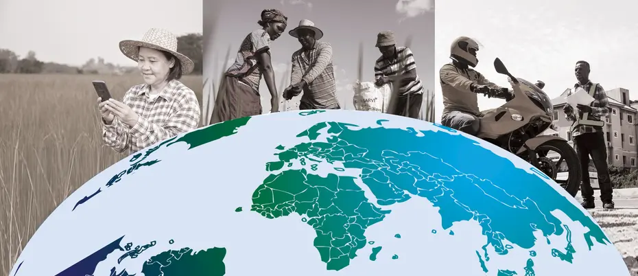 A world globe with graphics of a farmer with a mobile phone, farmers with fertilizer from Safi Organics, and a person on a motorcycle from MAX Nigeria