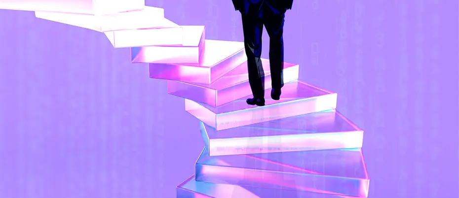 Person walks about a ladder with code in the background