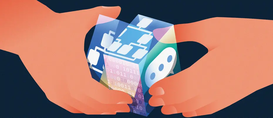 An illustration of hands twisting a cube with AI graphics