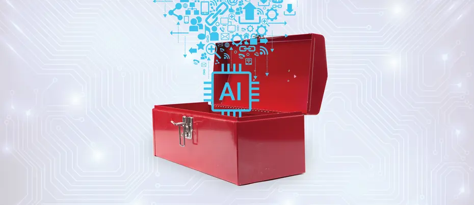 A toolbox with AI graphics coming out of it