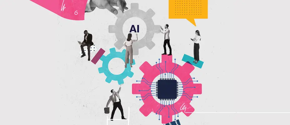 A photo illustration of workers manipulating and orchestrating AI gear function