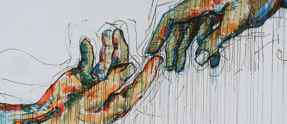 An illustation of two different hands touching