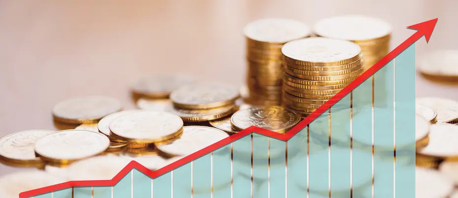 A line chart goes up to the right with coins in the background