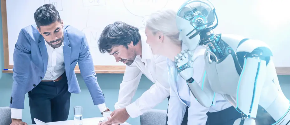 Workers discussing with robot