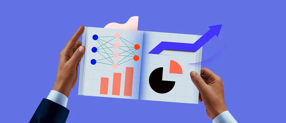 Hands reading a book filled with data imagery