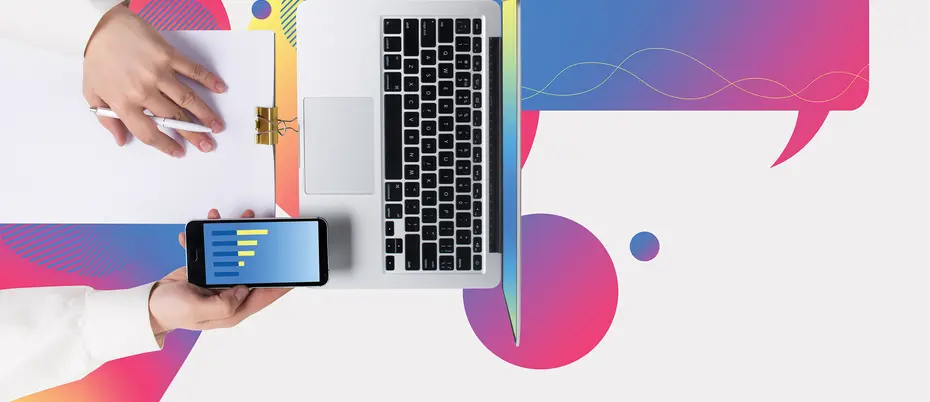 A laptop and mobile device juxtaposed with geometric shapes and conversation bubbles