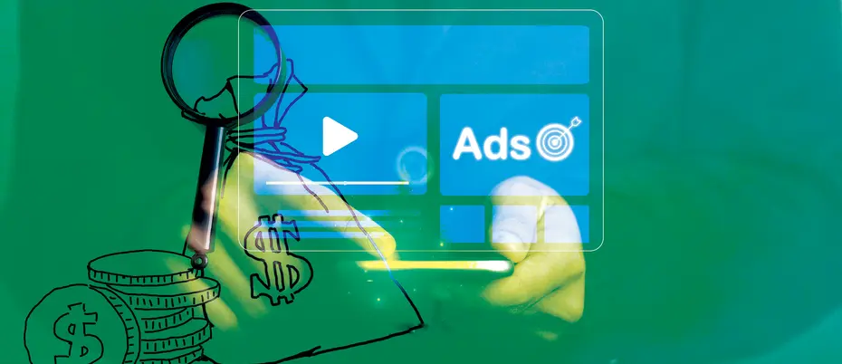 A magnifying glass with money juxtaposed with a person holding a phone with digital ads