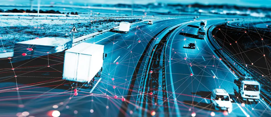 Cars and trucks on the highway with AI/digital graphics overlayed on top