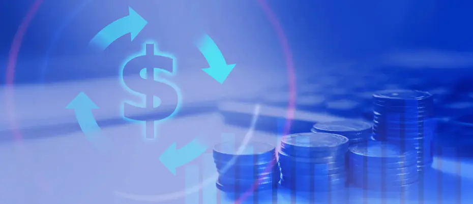 Dollar sign over coin stack and computer keyboard