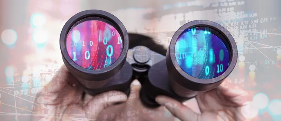 Photo illustration of binoculars with abstract digital art in the lens and throughout the composition