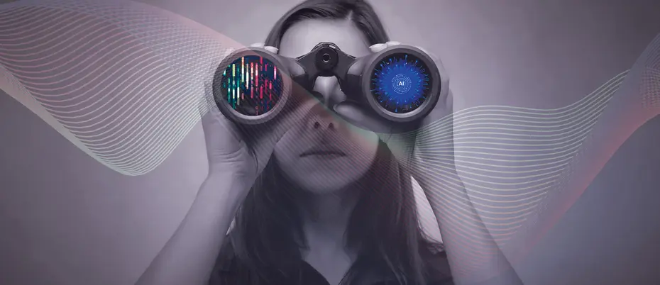 A person looks through binoculars with data and AI imagery in the lens