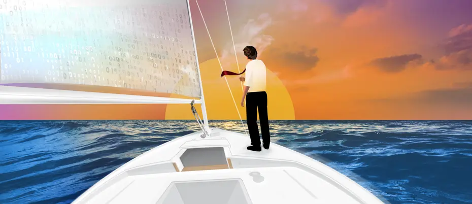 Business person steers on the helm of a boat with a sail made of binary code
