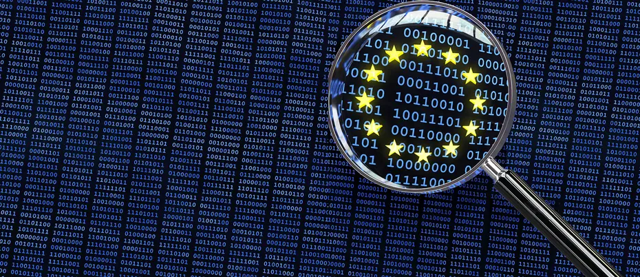 A magnifying glass with an EU GDPR symbol on top of binary code