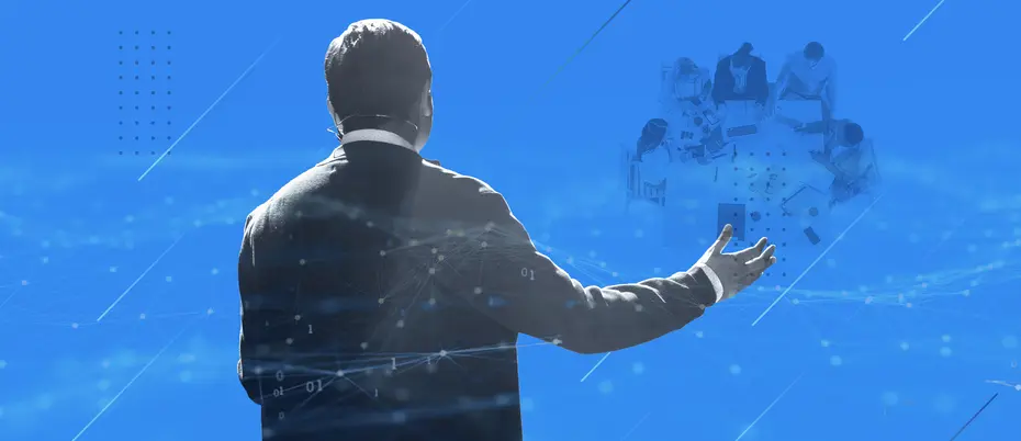 A collage with a business person presenting and a team working in the background amongst a background of technological graphics