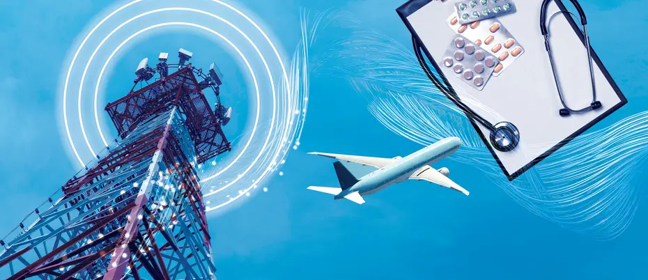 A collage of a telecommunications tower, an airplane, and a clipboard with stethescope and pills