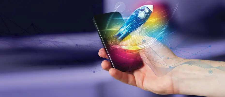 An illustration of a rocket flying out of a mobile device 