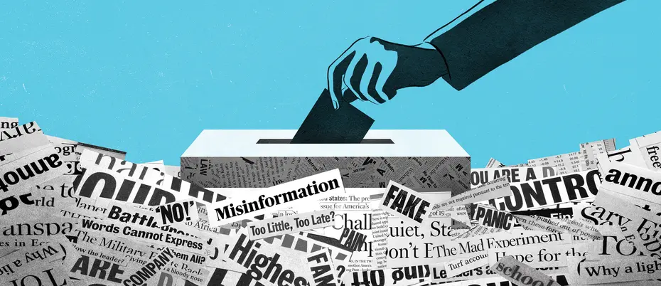 An illustration of a person's hand putting a ballot into a voting box surrounded by news clippings with words like "misinformation" and "fake"