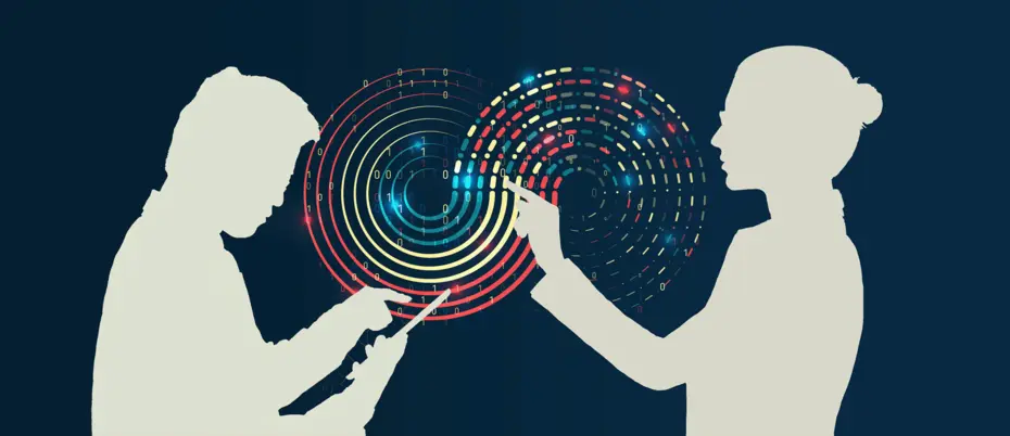 People silhouettes against swirling background of binary code.