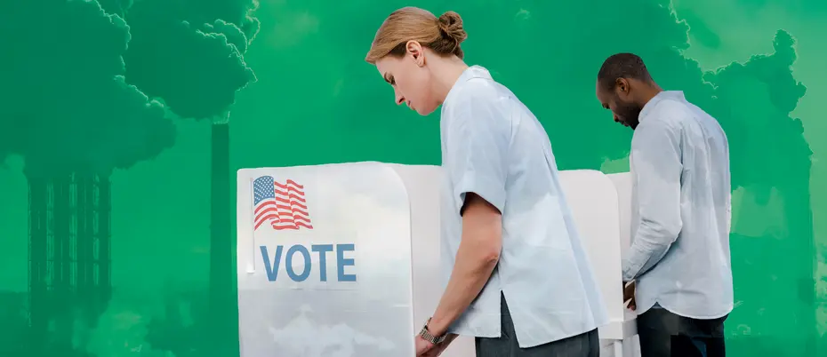 People at election voting booths juxtaposed with smoke stacks