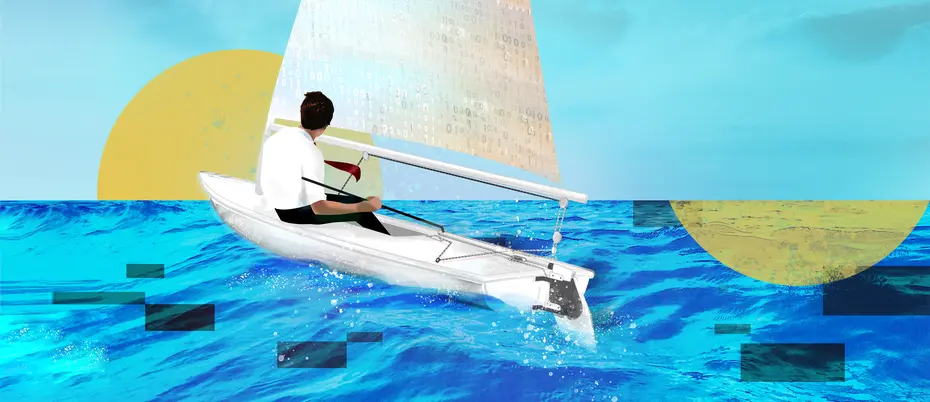 A business person sails a boat with a mast made of binary code and with the sun in the horizon