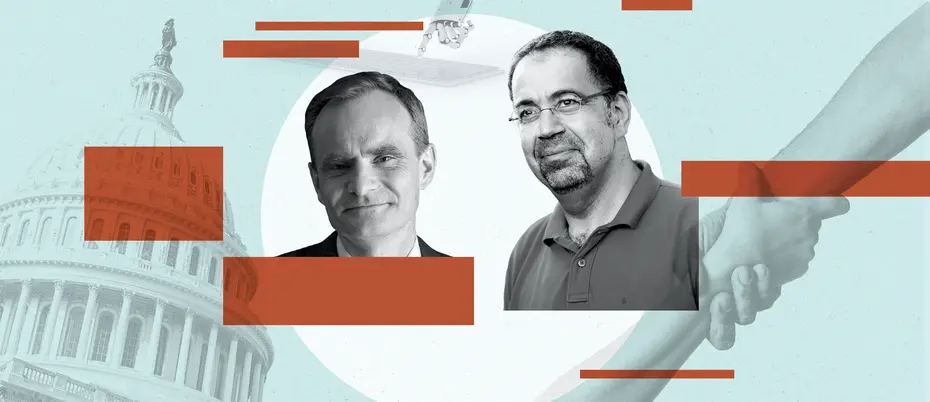 Photo illustration of Simon Johnson and Daron Acemoglu