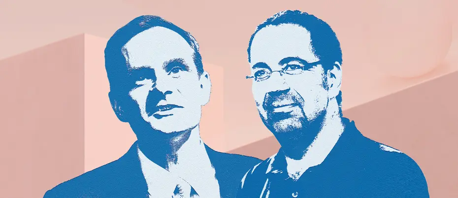 Photo illustration of Simon Johnson and Daron Acemoglu