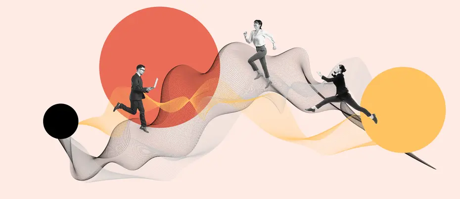 An illustration of workers running amongst digital imagery