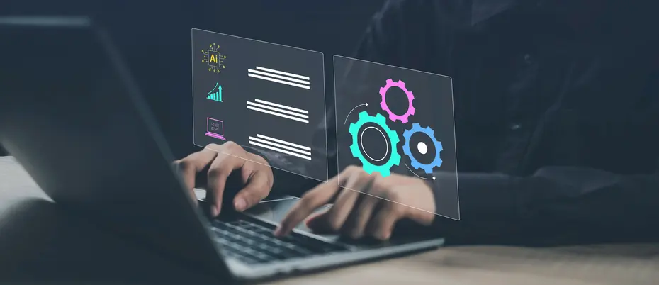 A person using a laptop with an AI symbol as well as gears/agile and productivity symbols