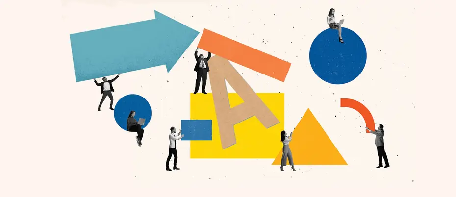 Various employees holding different shapes. The letters "A" and 'I" can be seen.