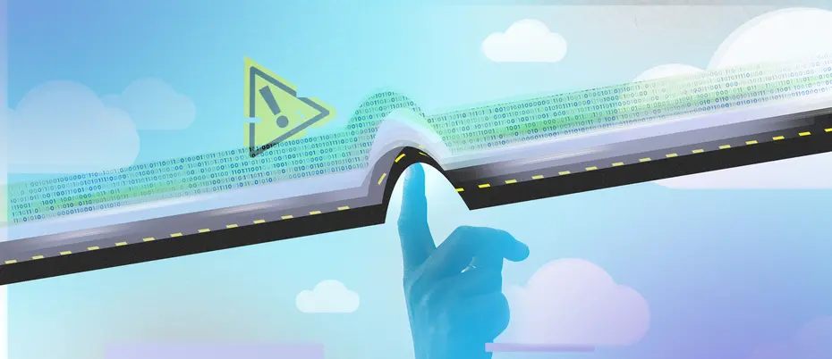 A road made of binary code has a speedbump and a caution sign