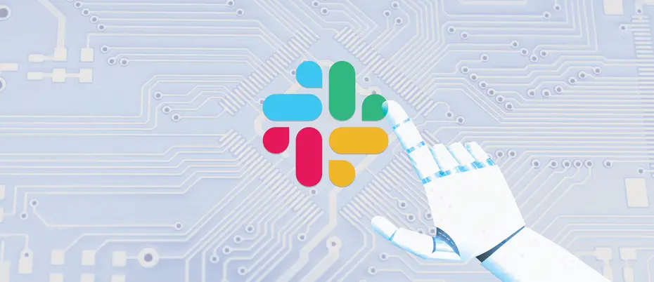A robot hand touches the Slack logo on top of a circuit board