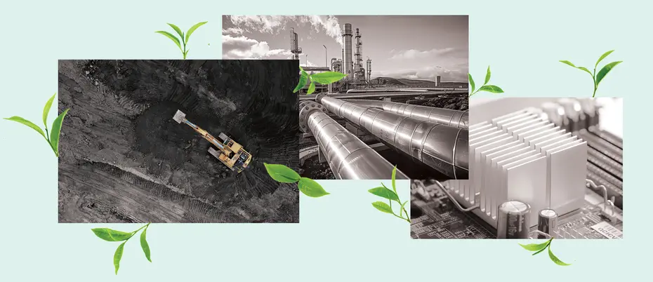 Three photos covering mining, carbon capture, and heat sinks with green leaves sprouting from them