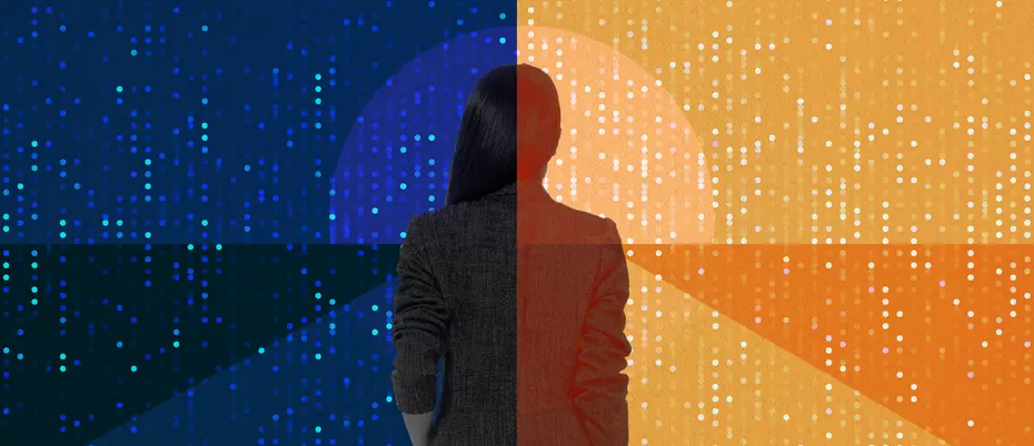 A person walks a digital landcape separated into two sides