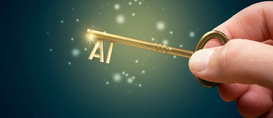 A hand holds a key with the acronym "AI"