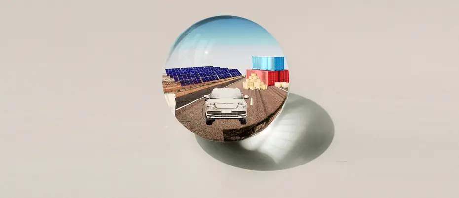 Solar panels, shipping cargo, and an electric vehicle appear in a crystal ball