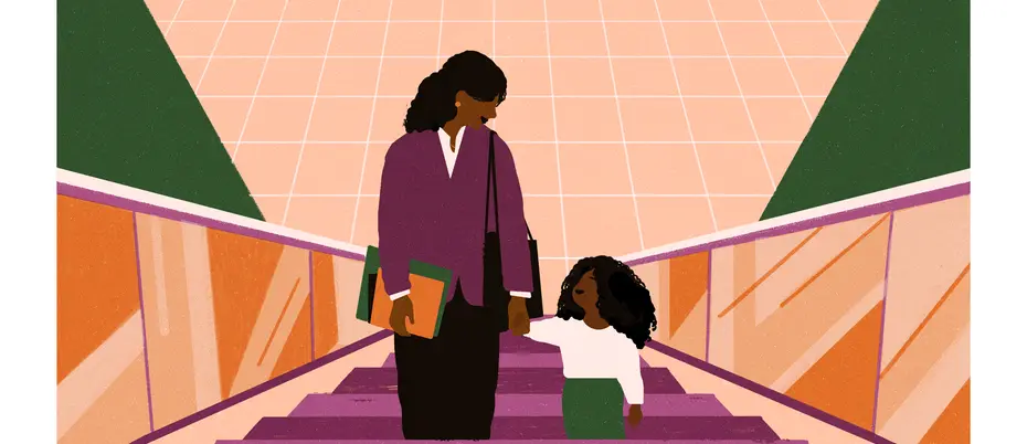 A working mom holds her child's hand up the stairs