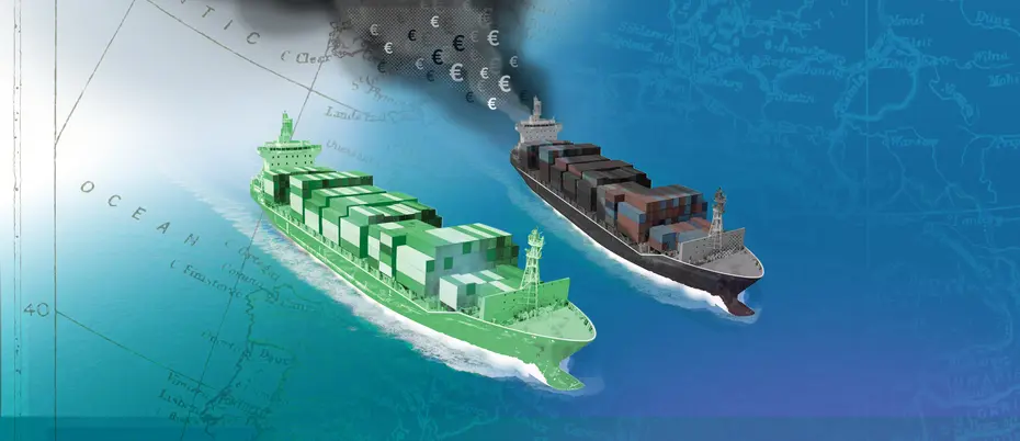 Two cargo ships are side-by-side in the ocean; one is green and the other is dark and dirty and emitting pollution with the euro coin symbol